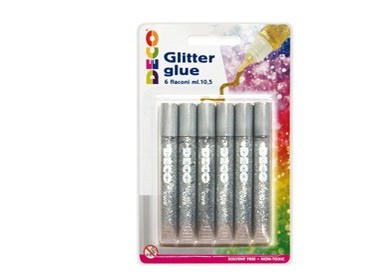 Blister colla glitter 6 penne 10,5ml argento DECO