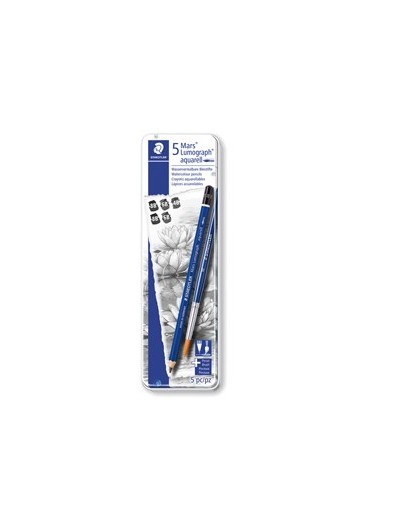 Astuccio metallo 5 matite+pennello Mars® Lumograph® acquerell. 3 grad.Staedtler