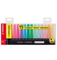 Deskset 15 evidenziatori Boss 70 colori fluo+pastel Stabilo