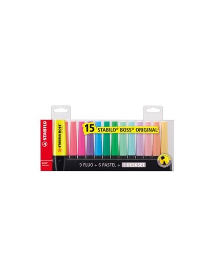 Deskset 15 evidenziatori Boss 70 colori fluo+pastel Stabilo