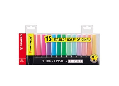 Deskset 15 evidenziatori Boss 70 colori fluo+pastel Stabilo