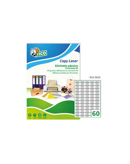 Etichetta adesiva SL4 ovale argento satinata 100fg A4 36x20mm (60et/fg) Tico