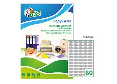Etichetta adesiva SL4 ovale argento satinata 100fg A4 36x20mm (60et/fg) Tico