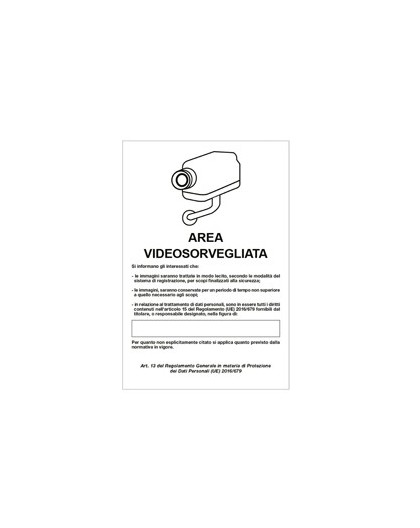 Cartello alluminio 20x30cm 'Area videosorveglianza con registrazion' rif.GDPR'