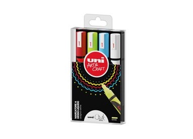 Busta 4 marcatore a gesso liquido UNI CHALK p.tonda col.assortiti UNI
