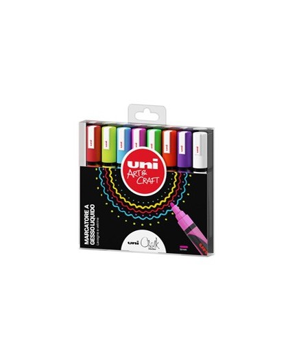 Busta 8 marcatore a gesso liquido UNI CHALK p.tonda col.assortiti UNI