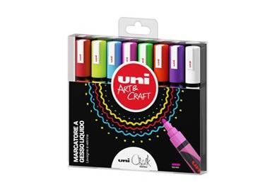 Busta 8 marcatore a gesso liquido UNI CHALK p.tonda col.assortiti UNI