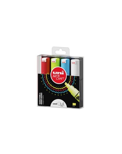 Busta 4 marcatore a gesso liquido UNI CHALK p.scalpello col.assortiti UNI