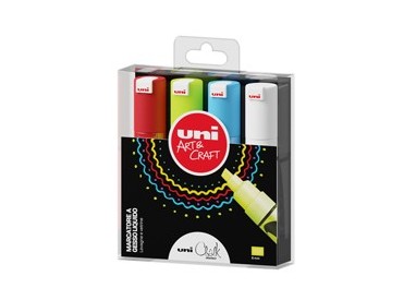 Busta 4 marcatore a gesso liquido UNI CHALK p.scalpello col.assortiti UNI