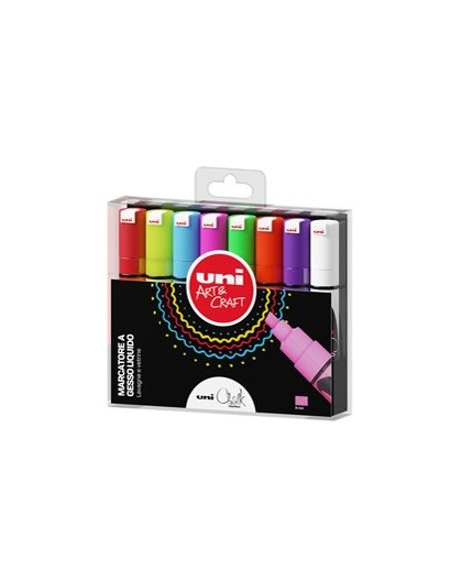 Busta 8 marcatore a gesso liquido UNI CHALK p.scalpello col.assortiti UNI