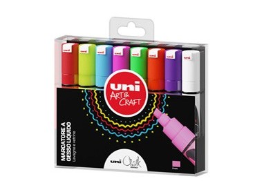 Busta 8 marcatore a gesso liquido UNI CHALK p.scalpello col.assortiti UNI