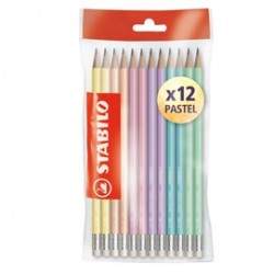 Blister 12 matite grafite c/gommino HB fusto in 6 colori pastel Stabilo
