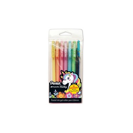 Astuccio 6 roller gel Hybrid Milky 0,8mm colori pastelli assortiti Pentel