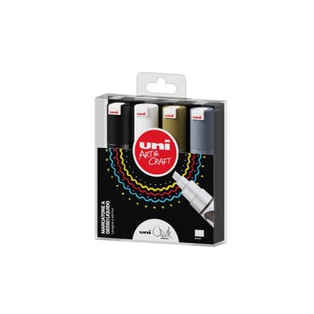 Busta 4 marcatore a gesso liquido UNI CHALK p.scalpello col.ass.(ne/bi/oro/arg)