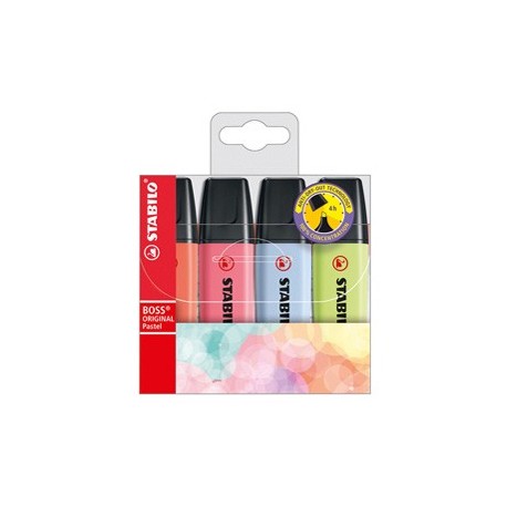 Astuccio 4 evidenziatori Stabilo Boss pastel lime/ciliegio/ghiaccio/corallo