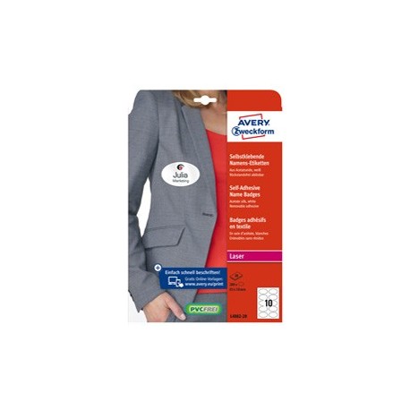 Etichette badge per tessuti ovale 85x50mm (10et/fg) 20fg - laser Avery