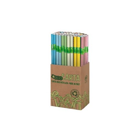 Espositore 50 rotoli carta regalo 2mt x 70cm fantasie righe e pois Rex Sadoch