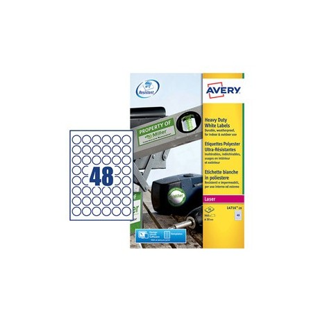 Poliestere adesivo L4716 bianco 20fg A4 Ø 30mm (48et/fg) laser Avery