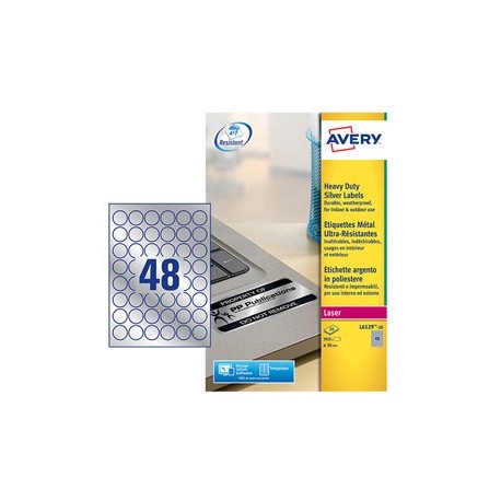 Poliestere adesivo L6129 argento 20fg A4 Ø 30mm(48et/fg) laser Avery